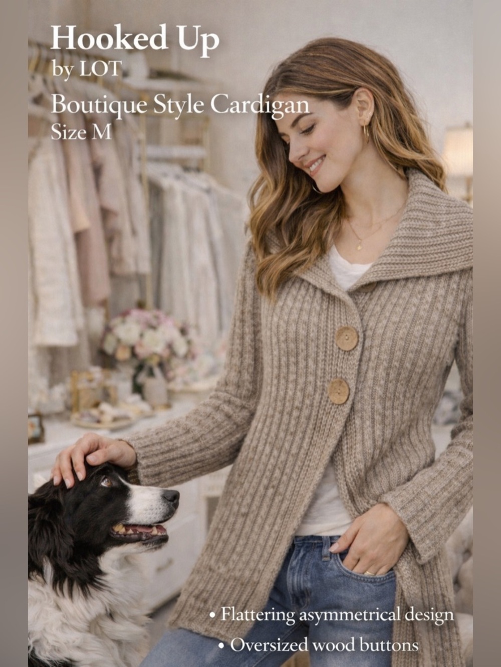 Hooked Up by IOT Knit Cardigan Sweater M Beige Ribbed Boho Cottage